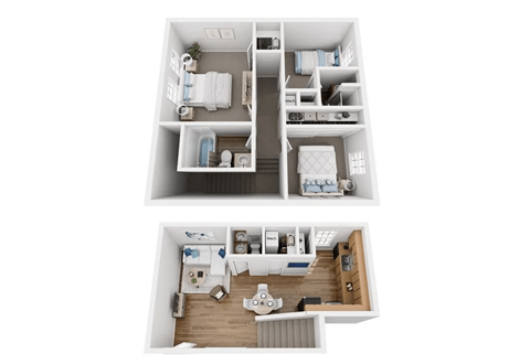 A white room with a bed, a desk, and a chair.